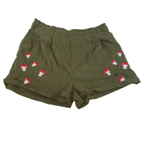 Olive Green Corduroy Mushroom Embroidery Womens Shorts 2XL Plus Size - Picture 1 of 7